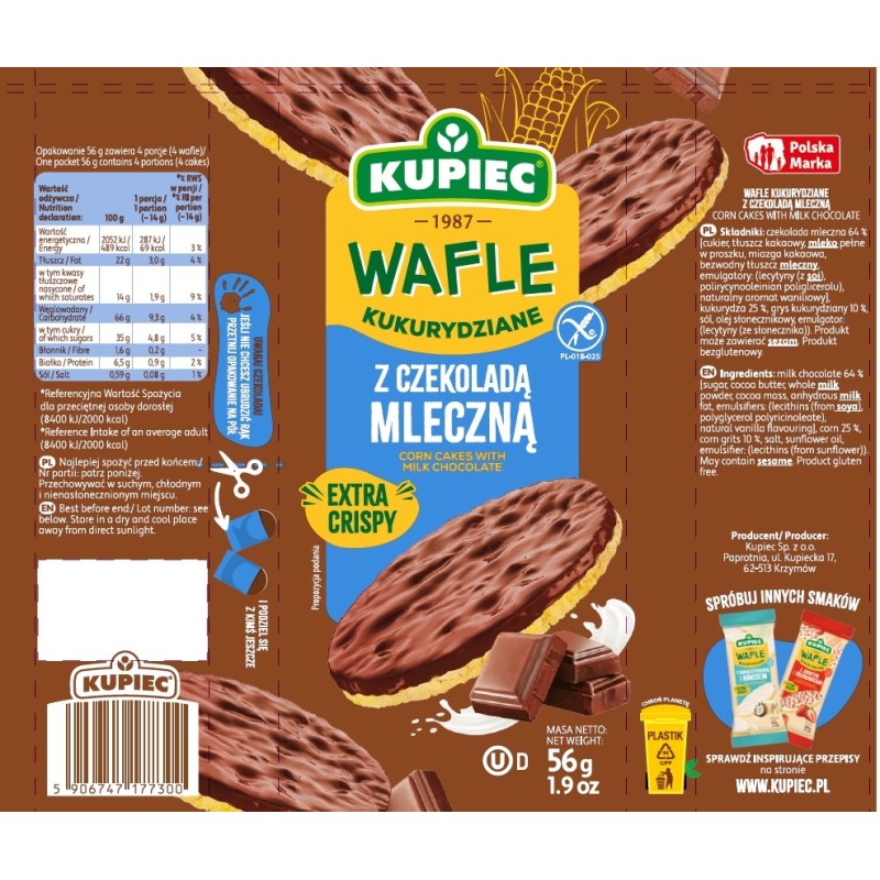WAFLE KUPIEC KUKURYDZIANE Z CZEKOLADĄ MLECZNĄ 56G