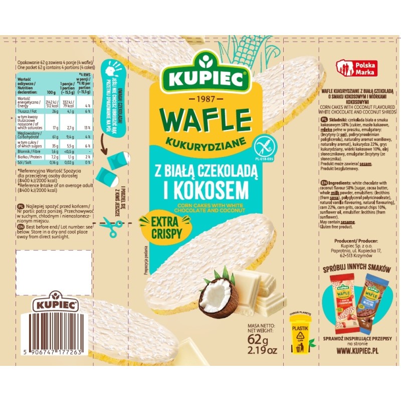 Kupiec WAFLE KUKURYDZIANE Z CZEKOLADĄ BIAŁĄ I WIÓRKAMI