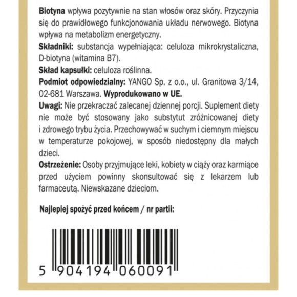 Yango BIOTYNA 90 witamina B7 2500ug wsparcie SKÓRA WŁOSY