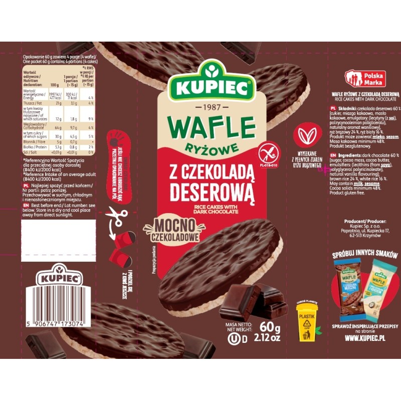 Kupiec WAFLE RYŻOWE bezglutenowe W CZEKOLADZIE DESEROWEJ
