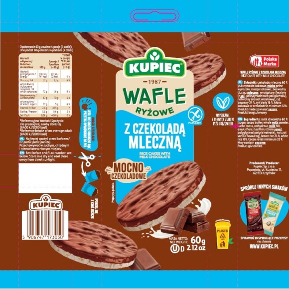 Kupiec WAFLE RYŻOWE bezglutenowe W CZEKOLADZIE MLECZNEJ