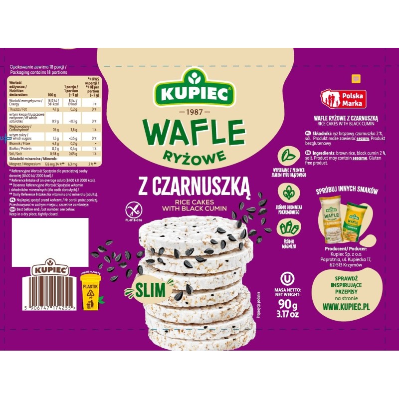 Kupiec WAFLE RYŻOWE Z CZARNUSZKĄ - SLIM - bezglutenowe 90g