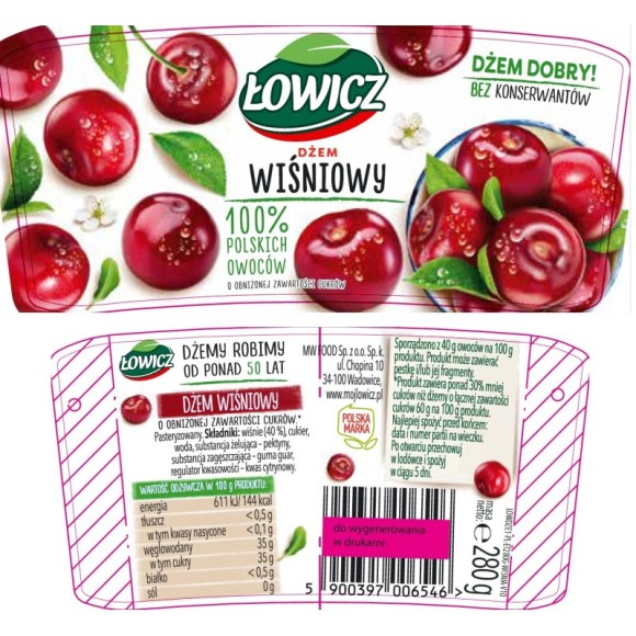 Łowicz DŻEM WIŚNIA WIŚNIOWY z wiśni NISKOSŁODZONY 280g