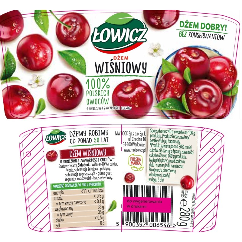 Łowicz DŻEM WIŚNIA WIŚNIOWY z wiśni NISKOSŁODZONY 280g